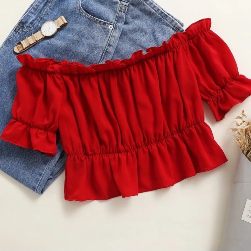 SHEIN Red Cap Sleeve Ruffled Blouse